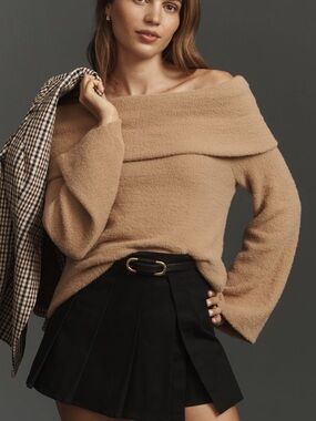 Flat White Off-The-Shoulder Long-Sleeve Foldover Sweater